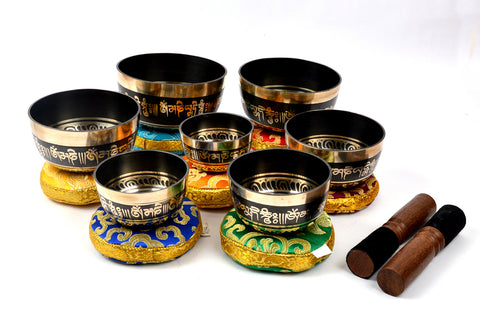 Tibetan Set of 7 Chakra Black Meditation Singing Bowl