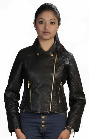 Ladies Black Faux Leather Quilted Zip Up Ladies Jacket - TATTOPANI